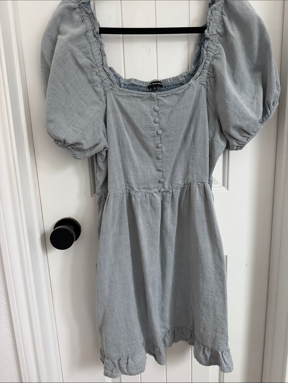 Light Blue Puff Sleeve Mini Dress with Pockets